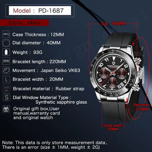 นาฬิกาควอตซ์ PAGANI Design PD 1687 รุ่นใหม่ แบรนด์ดัง สำหรับผู้ชาย หรูหรา กระจกแซฟไฟร์ สายยาง แฟชั่น กันน้ำ เรืองแสง - Product Image 5