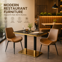 Ensemble de salle à manger rectangulaire, plateau de table noir avec bordure dorée, chaise rembourrée marron, fournitures pour hôtels, cafés, bistros et restaurants