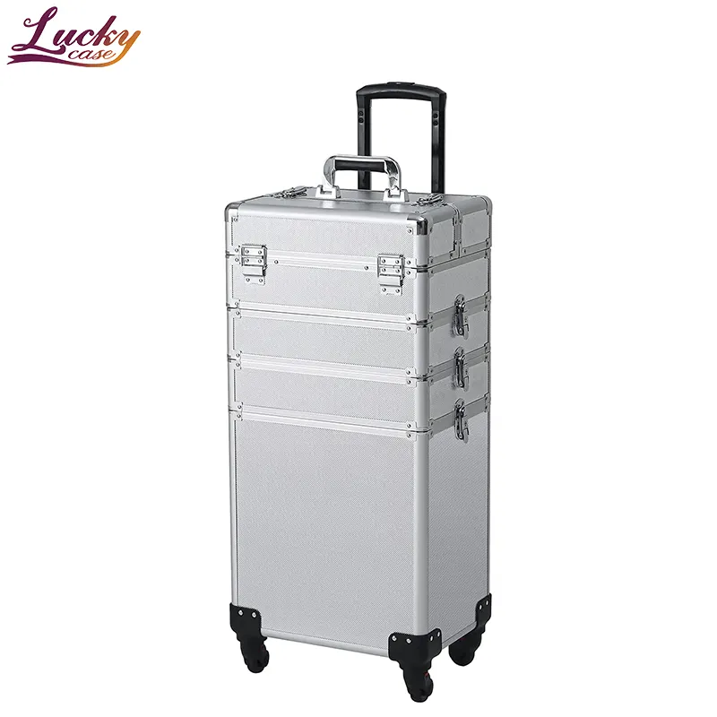 4 In 1 Rollende Make-Up Case Met Grote Capaciteit Aluminium Cosmetische Trolley Professionele Reiskoffer Voor Schoonheidsspecialisten Haarstylisten