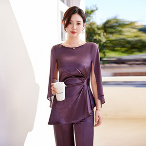 Women's Purple Suit Set 2025 Spring Summer Solid Color Satin Two Piece Casual Breathable Wide Leg Pants Yq8667 - Product Image 2