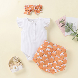 Vêtements pour bébés, garçons et filles, ensembles de survêtements, vêtements en coton, ensemble de body 3 pièces avec bandeau pour tout-petits - Product Image 1