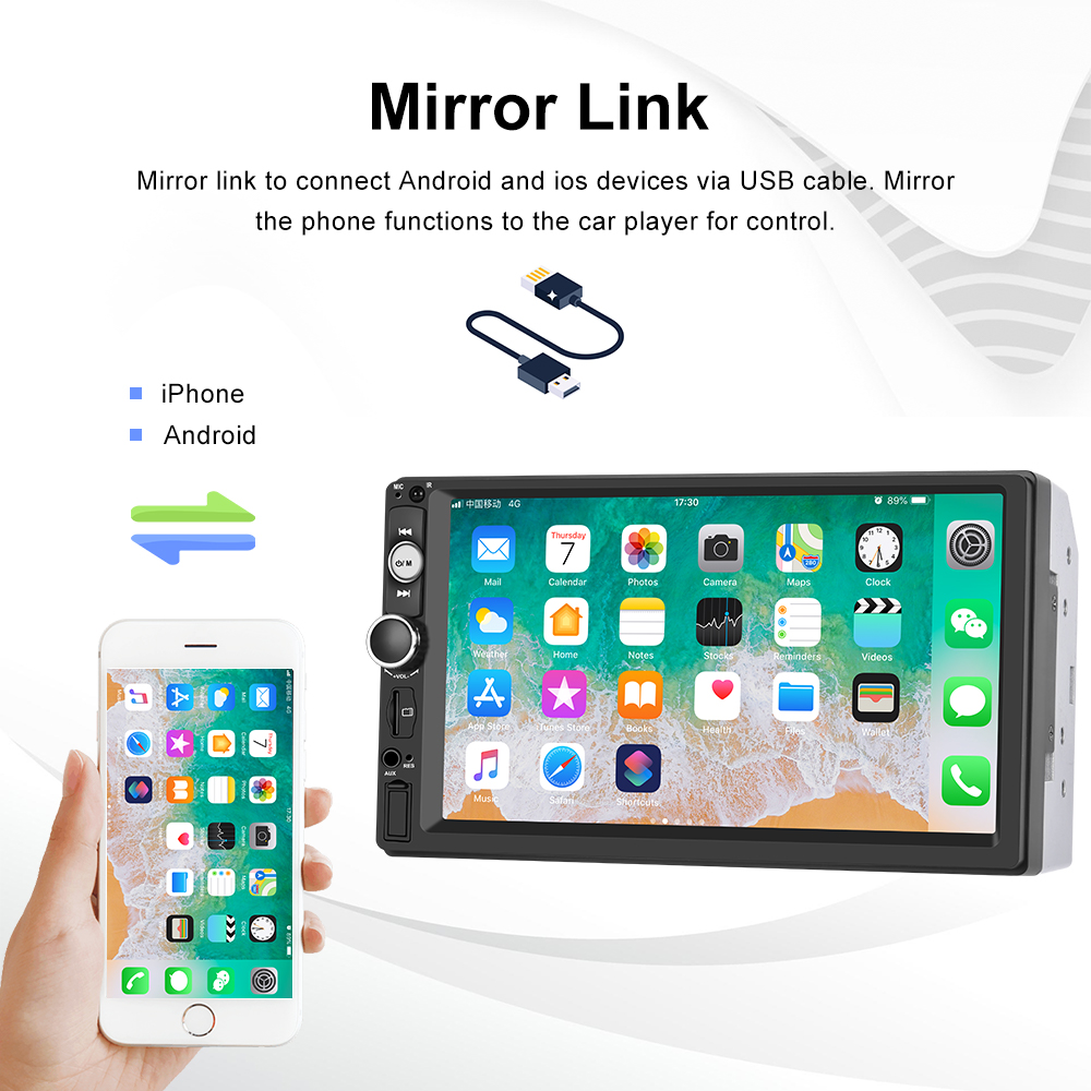 Podofo 2 Din 7'' MP5 Car Radio Carplay & Android Auto Touch Screen 7515B BT FM Receiver TF USB AUX with External Microphone