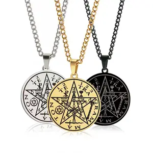 Bomei satanic pentagram pendant necklace amulet Round 30mm Stainless Steel Gold/Black Plated Jewelry Necklaces For Men