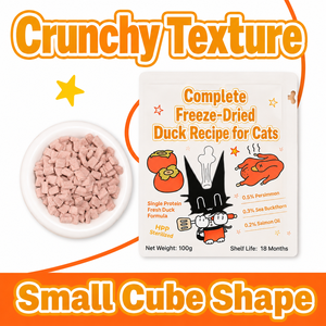 <span class=keywords><strong>Cibo</strong></span> Completo Liofilizzato per Gatti a Base di Anatra con Cachi, Olivello Spinoso e Olio di Salmone, Ricetta ad Alto Contenuto Proteico con Singola Proteina Animale - Product Image 1
