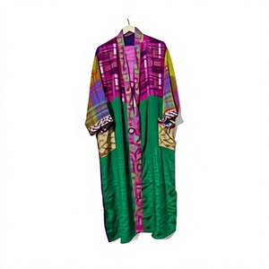Robe longue patchwork pour femme, manches longues, tissée, 100 % polyester, color block, vêtements de nuit tendance pour l'été, douce, lavable en machine - Product Image 1