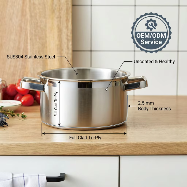 Premium Full Clad 3-Ply Stainless Steel Casserole Professional Grade SUS304 Stockpot Healthy Uncoated High-End Kitchenware