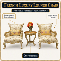 Fauteuil décontracté en bois massif sculpté, style européen, avec tissu de luxe, idéal pour balcon et villas de prestige