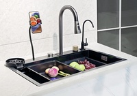 Évier de cuisine multifonction Voriva noir neuf avec support de téléphone mobile, ensemble d'évier de cuisine en acier avec robinet