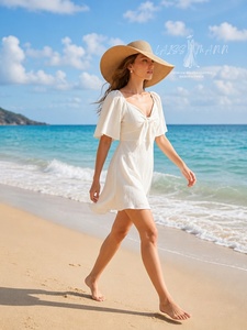 Robe mini blanche à col en V profond et manches à volants pour femme, sexy, d'été, de plage, vente en gros d'usine, sur mesure, commande OEM - Product Image 5