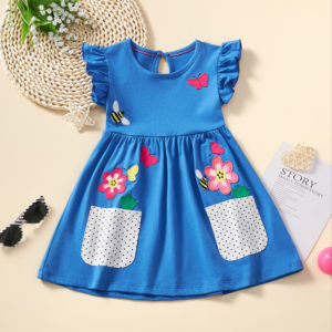 2025 estate nuove ragazze vestono blu senza maniche con piccole maniche volanti ricamate vestito per bambini - Product Image 1