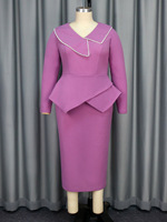 Robes décontractées pour femmes, coupe crayon, asymétriques, col cranté, broderie perlée, grande taille, violettes, manches longues, à volants