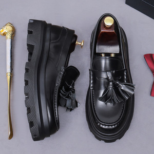 Men's large-sized slouchy platform leather suede glossy loafers in retro color scheme with removable leather <b>insoles</b> - Product Image 6