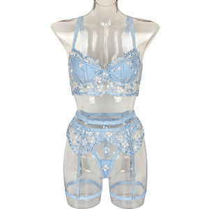 Ceinture de jarretelles, trois pièces, <span class=keywords><strong>bleu</strong></span> clair, exquis, petite fleur, pour femmes, avec anneau en acier, nouvelle collection printemps été - Product Image 5