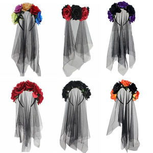 Directo de fábrica Halloween Pie Diadema Corona Bruja oscura Vestir Accesorios para el cabello Rosa Flor Velo Día de los muertos Hebilla de cabeza - Product Image 2