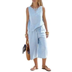 Conjunto de Camisa y Pantalones sin Mangas con Cuello Cuadrado y Rayas Tejidas para Mujer, Transpirable, Casual, Elegante, para Vacaciones de Verano y Playa - Product Image 5