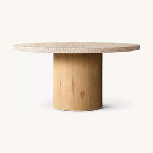 Tavolo da Pranzo Rotondo Moderno di Lusso con Piano in Travertino e Base in Legno Massello, Tavolo da Pranzo Rotondo <span class=keywords><strong>Lumi</strong></span> - Product Image 1