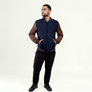 Men's Navy Wool Varsity <b>Jacket</b> With <b>Brown</b> <b>Leather</b> Sleeves Stand Collar Casual Autumn Wear Personalised Labels Wholesale Design - Product Image 3