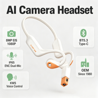 Casque intra-auriculaire avec caméra IA 8MP EIS 1080P, BT5.3 IP65 ENC, Type-C LED KWS Voice, TF 32GB, vidéo en vue à la première personne mains libres, usine OEM