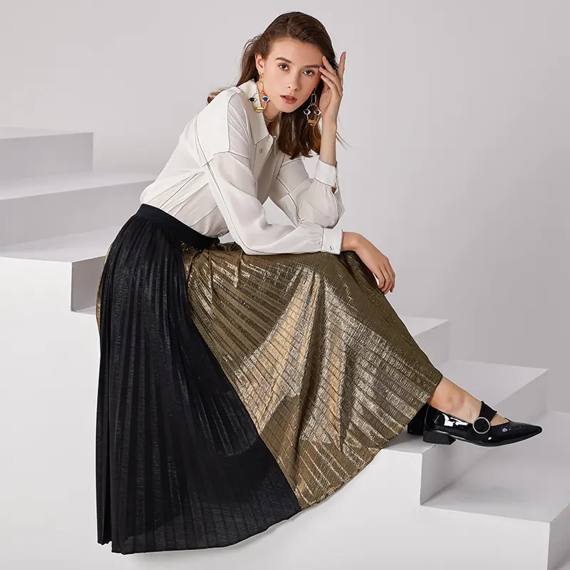 C032 Summer Fall High Quality Fashion New Elegant Sunray Pleated skirt Color Blocking Casual Girls Women Skirts