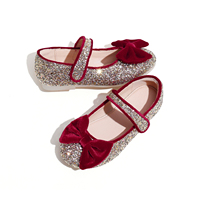 Chaussures plates Mary Jane pour bébés filles en velours bordeaux à paillettes dorées avec nœud, fermeture auto-agrippante, pour le printemps et l'automne, idéales pour les soirées et les fêtes