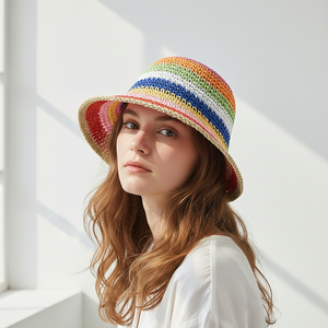 <span class=keywords><strong>หมวก</strong></span>ฟางสานทรงบักเก็ตทำมือ Landfond Accessory สำหรับฤดูร้อน สไตล์เกาหลี ป้องกันแสงแดด ลายรุ้ง เหมาะสำหรับชายหาด - Product Image 2