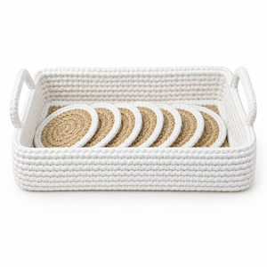 Handmade Round Fabric Coaster Set with Bohemian Pattern <b>Heat</b> Resistant & Non-Slip Natural Fibers <b>Reusable</b> for Kitchen & Home Use - Product Image 1