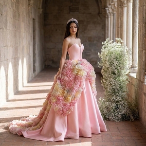 Vestido de Fiesta de Noche Nt124 Couture Rosa Sirena con Flores 3D Hechas a Mano y Plumas de Satén para Mujer con Cola Watteau - Product Image 1