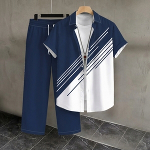 Ensemble de chemises et pantalons personnalisés en gros, légers, respirants, à manches courtes, style universitaire, color block, streetwear, pour hommes - Product Image 3