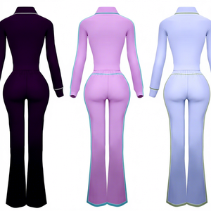 Completo Due Pezzi da Donna: Set Coordinato con Giacca in Maglia Waffle e Pantaloni a Zampa con Dettagli a Contrasto e Cerniera, Ideale per lo Streetwear - Product Image 3