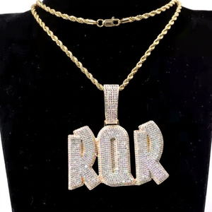 Custom Hip Hop RQR Letter Pendant Necklace <b>Iced</b> <b>Out</b> CZ Diamond Bubble Initial Pendant with 18K Gold Plated Rope <b>Chain</b> - Product Image 3