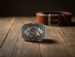 Fibbia per cintura in lega vintage da 5,0 cm con placcatura in argento e pietre blu per cinture da uomo in stile western - Product Image 2