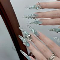 Uñas Postizas de Lujo Hechas a Mano, Francesas, 3D, con Diseño de Ojo de Gato, Tacones de Aguja Largos, Estilo Ataúd, Patrón de Hielo Triturado, ABS