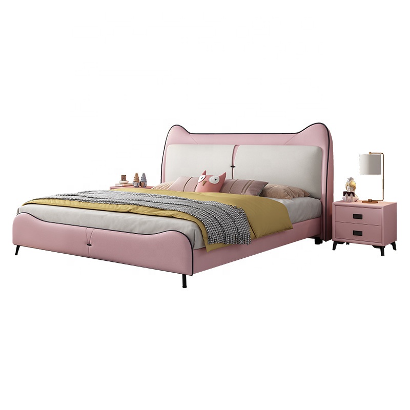 Lit de princesse rose moderne avec tige de rangement hydraulique lit d'enfant avec housse en cuir pour que les filles puissent dormir