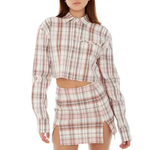 Lady's plaid two piece sets spring autumn long sleeve blouses and mini skirts