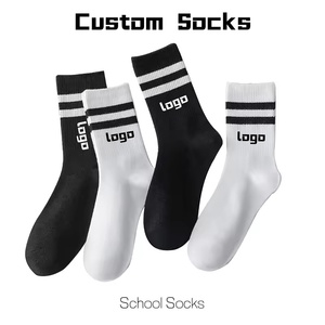 ถุงเท้าลำลองสีพื้นขาวดำแบบขายส่ง ถุงเท้าข้อสั้นลายสองแถบสำหรับผู้หญิงและเด็กผู้หญิง คุณภาพสูง - Product Image 1