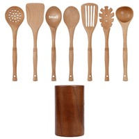 Ustensiles de cuisine en bois de hêtre, batterie de cuisine durable, écologique et sûre, cuillère en bois, ensemble de 8 ustensiles en bois