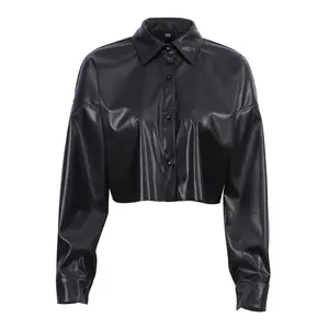 Enyami camisa cropped de couro falso feminina, previsão da moda, camisa cropped de manga longa com gola preta, para mulheres, 2023