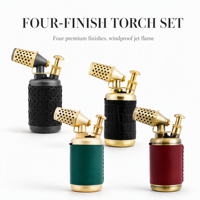 Briquet à cigare gonflable coupe-vent, flamme directe haute température, torche au butane durable, rechargeable, réglable, en cuir, cadeau de poche