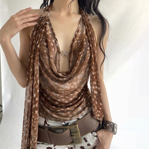 Camisole en mousseline respirante à col en V pour femme, imprimé animal et bretelles spaghetti, style sexy et clubbing - Product Image 4