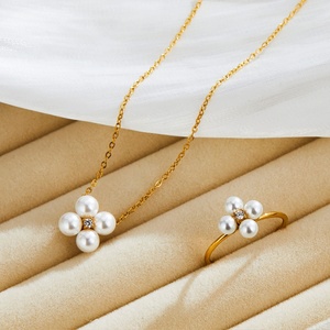 Trendy Anti Tarnish Hypoallergenic Stainless Steel 14k 18k PVD Gold Plated Necklace Ring Pearl Zircon <b>Jewelry</b> <b>Sets</b> <b>for</b> <b>Women</b> - Product Image 3