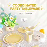 Vaisselle jetable DAMAI pour fête d'anniversaire, rayures jaunes, fournitures pour jardin, camping, événements quotidiens, assiettes et gobelets en papier rouge