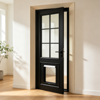Porte française moderne en acier K-draw avec porte pour animaux intégrée, double porte en verre noir, OEM ODM
