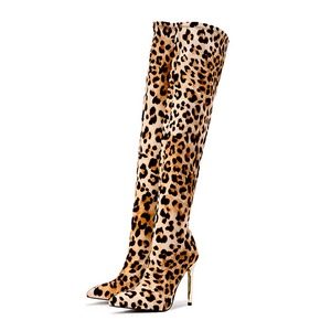 Women New Leopard 11cm Knee High Boots Pointed Elastic Fabric <b>Pole</b> <b>Dancing</b> Sexy Model Socks Boots - Product Image 4
