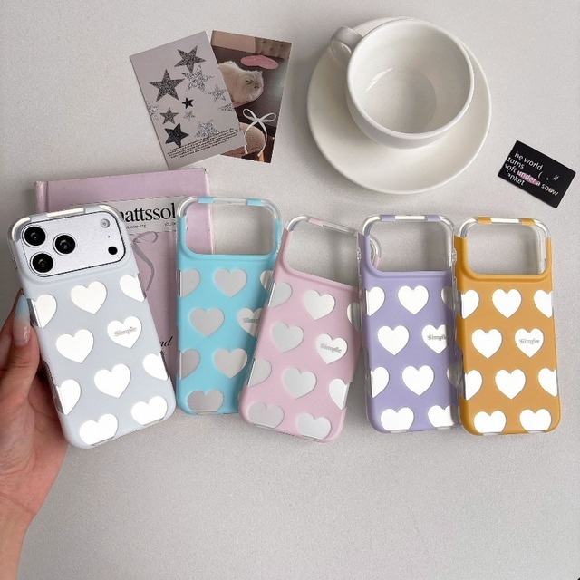 Silver Chrome Phone Cases for iPhone 17 16 Pro Max Cute Love Heart Design Shockproof Phone Cover