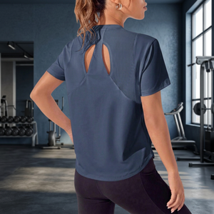 Women's Navy Blue Cut-Out Back Short Sleeve Yoga Top Breathable Spandex Polyester Athletic <b>Shirt</b> Regular Fit Solid Color - Product Image 2