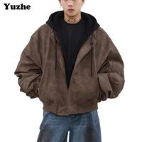 Veste de baseball en simili cuir à capuche, style deux pièces, pour homme, style rétro américain, bomber ample, veste de vol