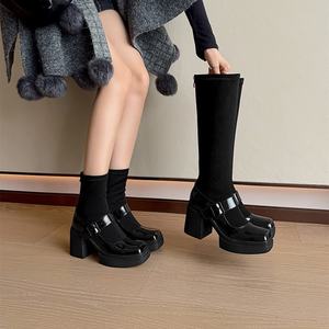 Botas de media pantorrilla ajustadas, modernas y versátiles para mujer, para otoño e invierno, con tacones gruesos. - Product Image 4