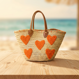 Handmade Bamboo Basket With Orange Heart Pattern Natural Weaving Tote Bag - Product Image 5