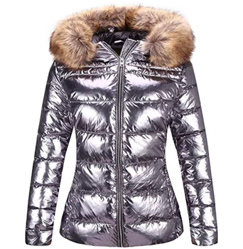 Fur Winter Jacket for Women Plus Size Winter Warm Parka Hooded Coat Light Padded Black Shiny Puffer Jacket