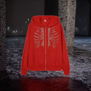 Sudadera con capucha y cremallera de felpa francesa roja de 450 g/m² con diseño gráfico de huesos de esqueleto con pedrería para hombre, estilo oversize, para otoño. - Product Image 3